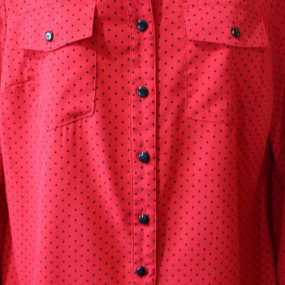 Notations Petite Red Black Polka Dot Mini Roll Tab Sleeve Button Down Blouse - Picture 9 of 15